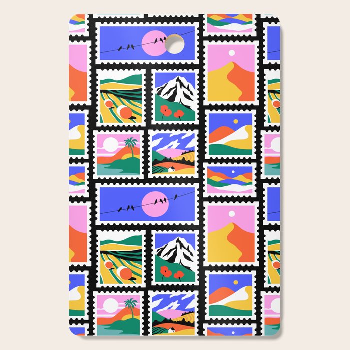 Colorful nature landscape post card stamp pattern Cutting Board Gallery Image 1