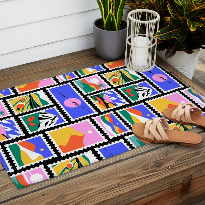 Colorful nature landscape post card stamp pattern Outdoor Rug Gallery Image 2