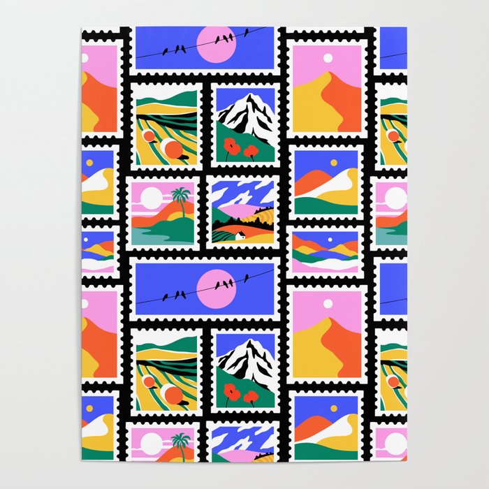 Colorful nature landscape post card stamp pattern Poster Gallery Image 4