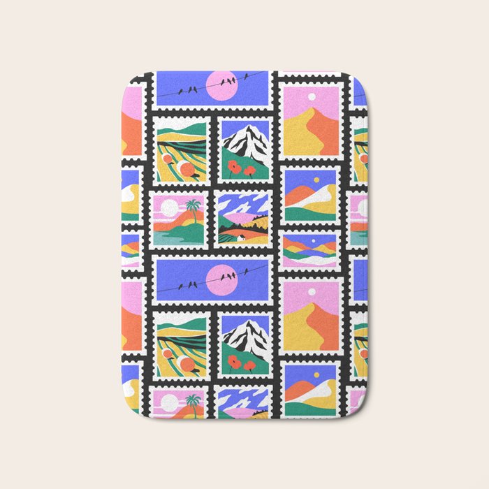 Colorful nature landscape post card stamp pattern Bath Mat Gallery Image 1