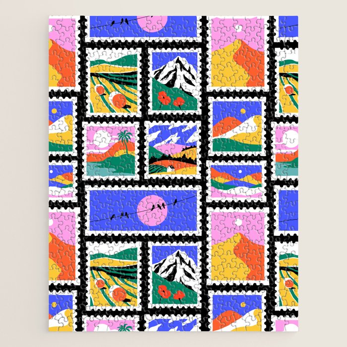 Colorful nature landscape post card stamp pattern Jigsaw Puzzle Gallery Image 1