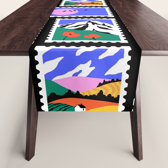 Colorful nature landscape post card stamp pattern Table Runner Gallery Image 1