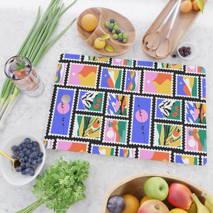 Colorful nature landscape post card stamp pattern Cutting Board Gallery Image 2