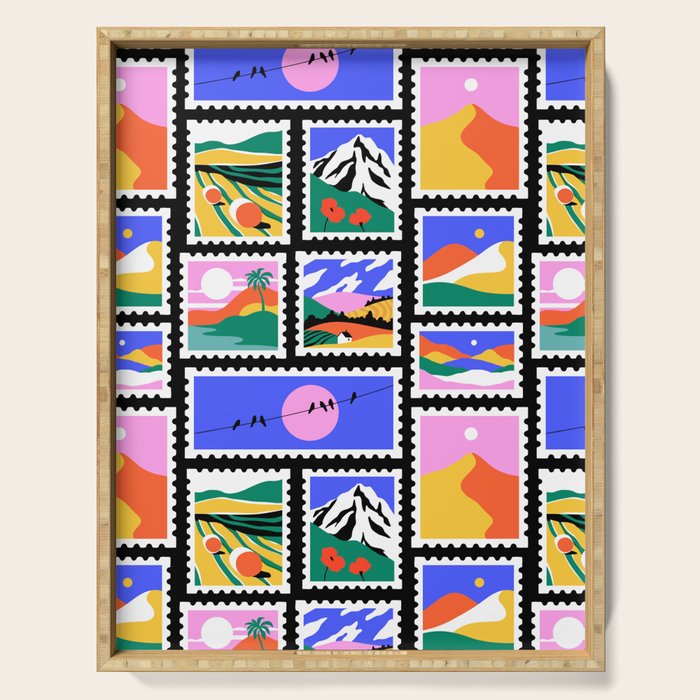 Colorful nature landscape post card stamp pattern Serving Tray Gallery Image 1