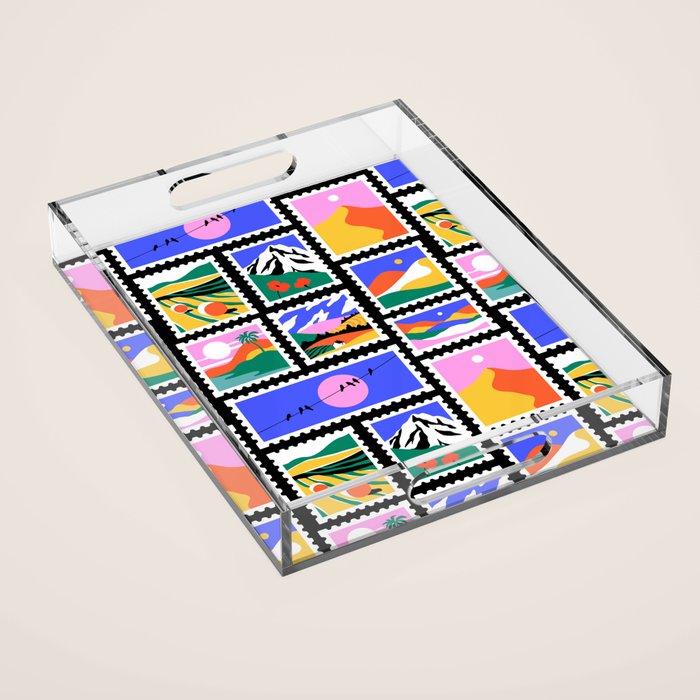 Colorful nature landscape post card stamp pattern Acrylic Tray Gallery Image 1