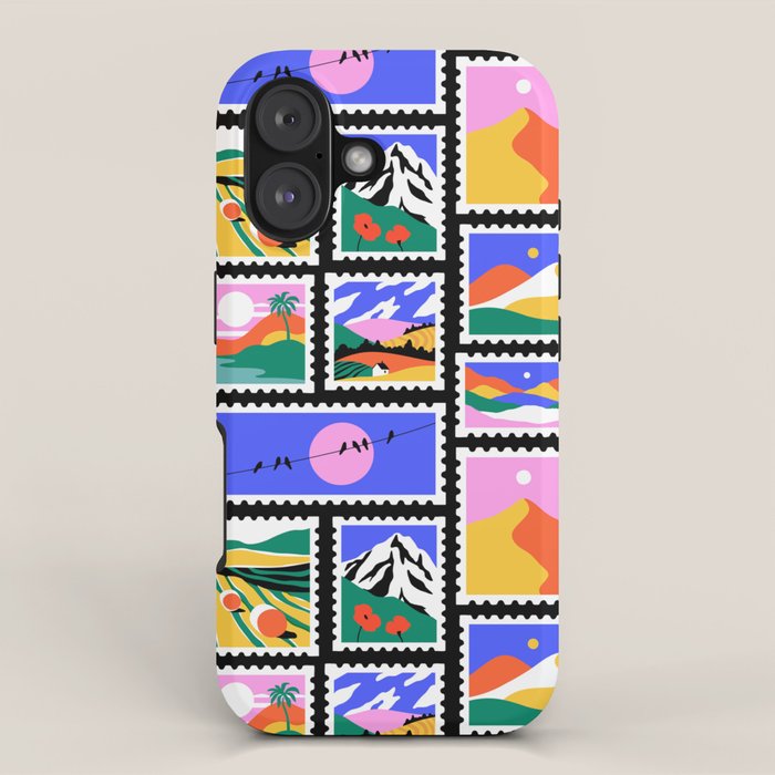 Colorful nature landscape post card stamp pattern iPhone Case Gallery Image 1