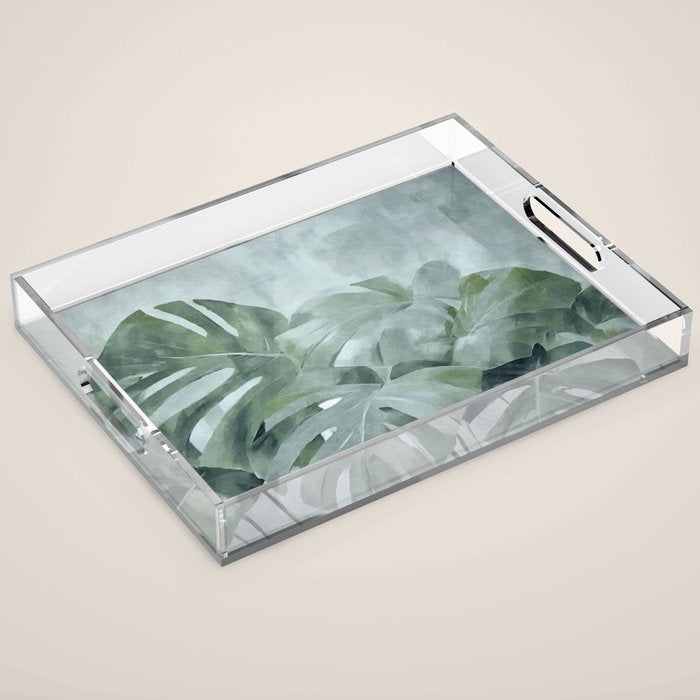 Teal Green Monstera Leaves  Jungle Vibes Acrylic Tray Gallery Image 1