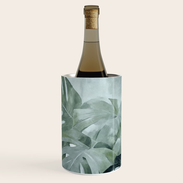 Teal Green Monstera Leaves  Jungle Vibes Wine Chiller Gallery Image 1