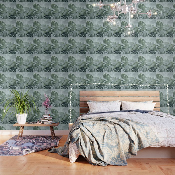 Teal Green Monstera Leaves  Jungle Vibes Wallpaper Gallery Image 3