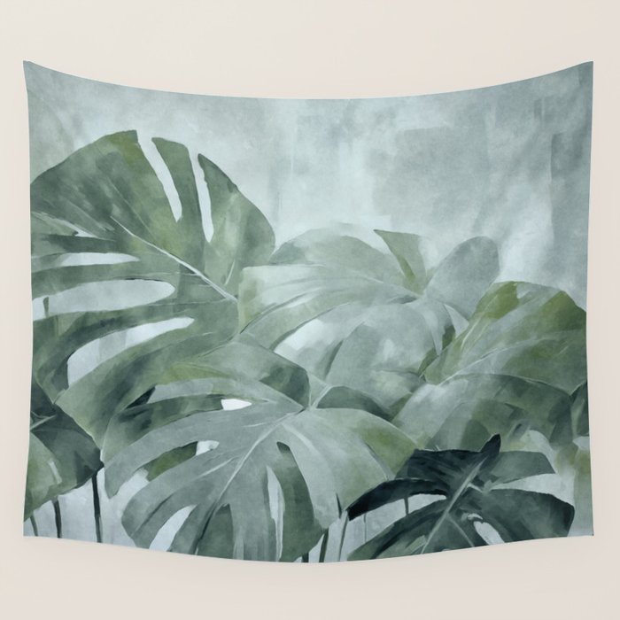 Teal Green Monstera Leaves  Jungle Vibes Wall Tapestry Gallery Image 4