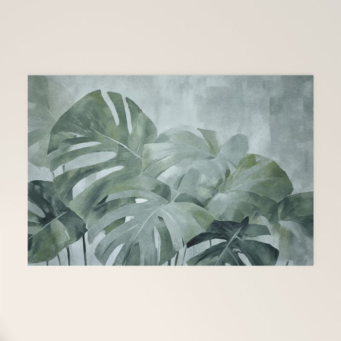 Teal Green Monstera Leaves  Jungle Vibes Welcome Mat Gallery Image 1
