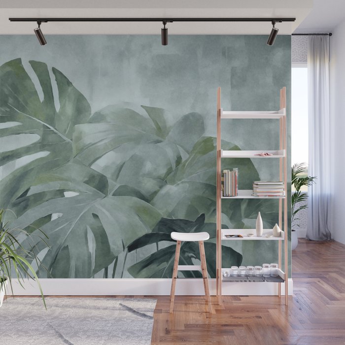 Teal Green Monstera Leaves  Jungle Vibes Wall Mural Gallery Image 1