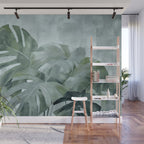 Teal Green Monstera Leaves  Jungle Vibes Wall Mural Gallery Image 1