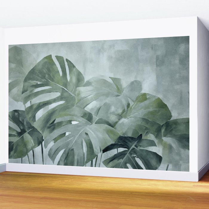 Teal Green Monstera Leaves  Jungle Vibes Wall Mural Gallery Image 2