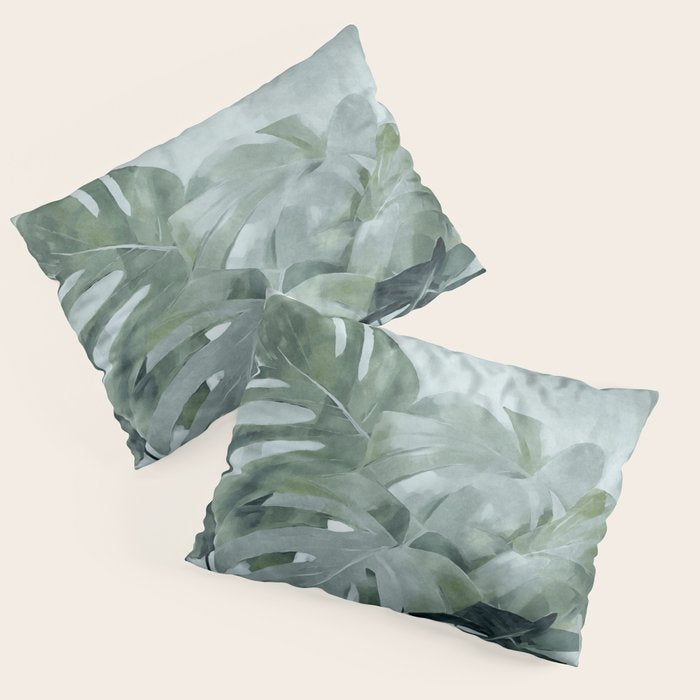 Teal Green Monstera Leaves  Jungle Vibes Pillow Sham Gallery Image 1