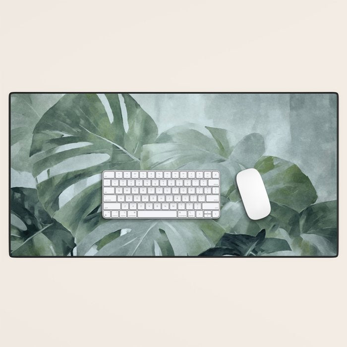 Teal Green Monstera Leaves  Jungle Vibes Desk Mat Gallery Image 1