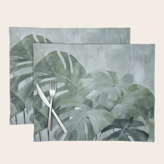 Teal Green Monstera Leaves  Jungle Vibes Placemat Gallery Image 1