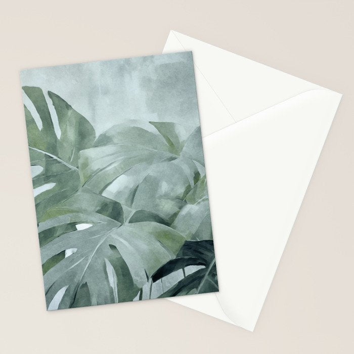 Teal Green Monstera Leaves  Jungle Vibes Stationery Card Gallery Image 2