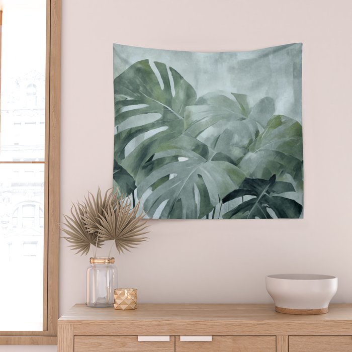 Teal Green Monstera Leaves  Jungle Vibes Wall Tapestry Gallery Image 2