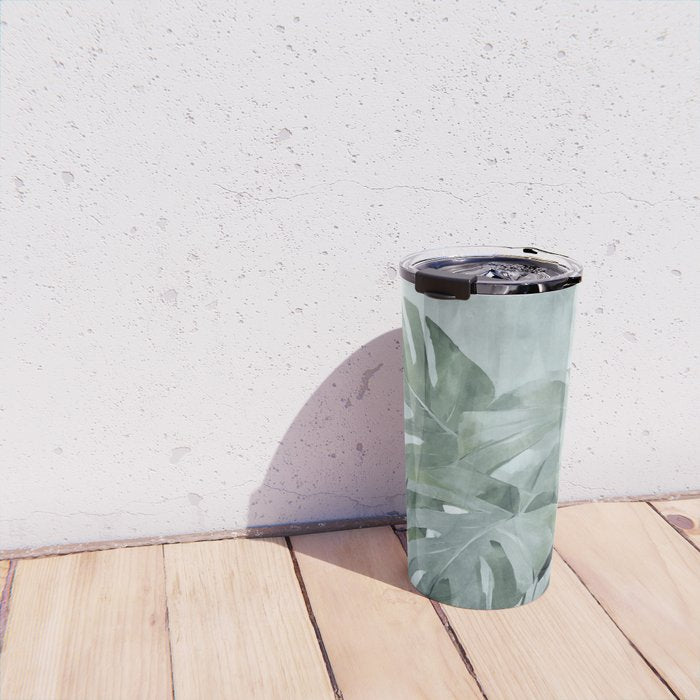 Teal Green Monstera Leaves  Jungle Vibes Travel Mug Gallery Image 4