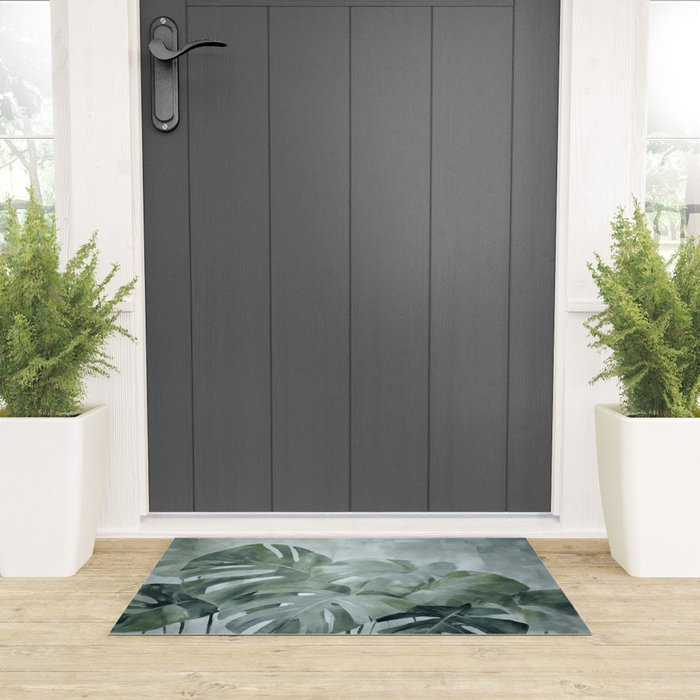 Teal Green Monstera Leaves  Jungle Vibes Welcome Mat Gallery Image 3