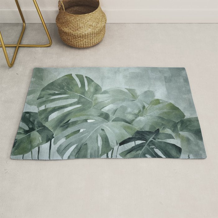 Teal Green Monstera Leaves  Jungle Vibes Rug Gallery Image 1