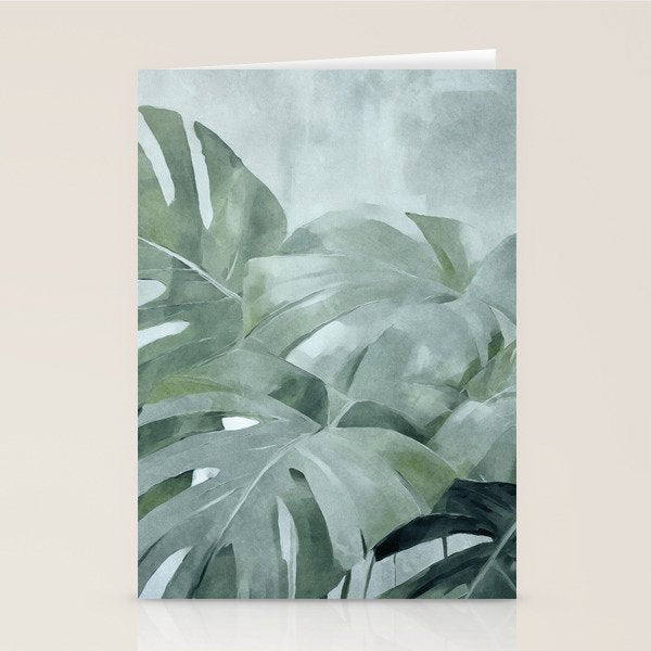 Teal Green Monstera Leaves  Jungle Vibes Stationery Card Gallery Image 1