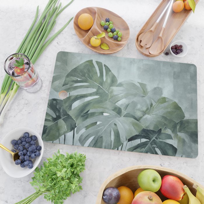 Teal Green Monstera Leaves  Jungle Vibes Cutting Board Gallery Image 2