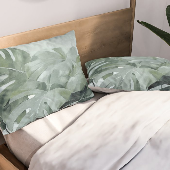 Teal Green Monstera Leaves  Jungle Vibes Pillow Sham Gallery Image 2