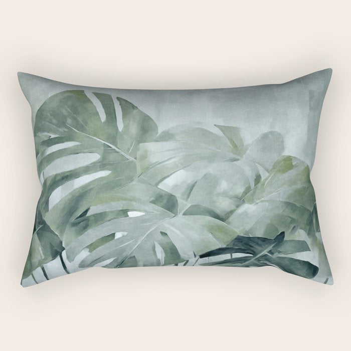 Teal Green Monstera Leaves  Jungle Vibes Rectangular Pillow Gallery Image 1