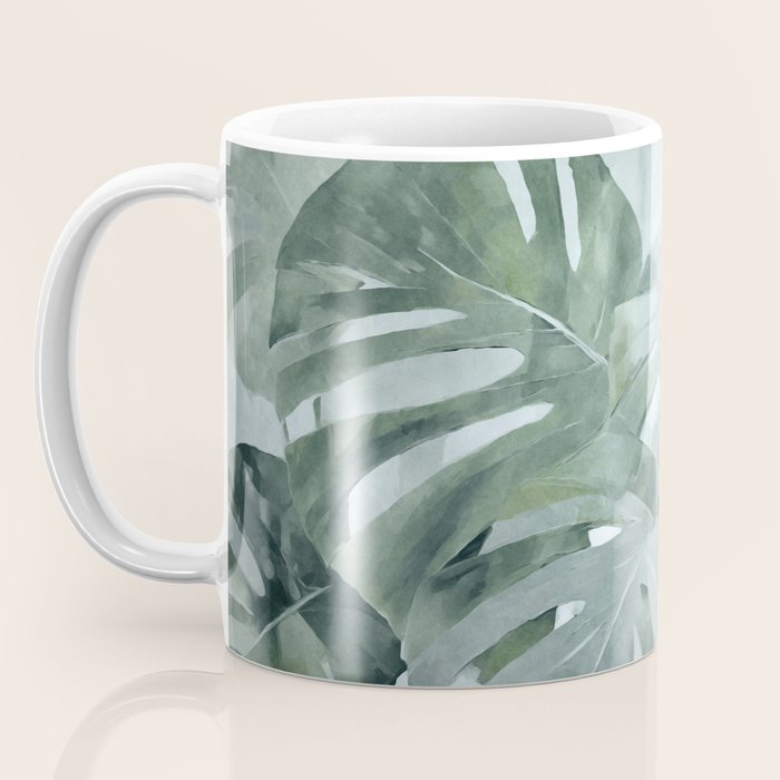 Teal Green Monstera Leaves  Jungle Vibes Coffee Mug Gallery Image 3