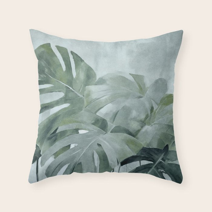 Teal Green Monstera Leaves  Jungle Vibes Throw Pillow Gallery Image 1