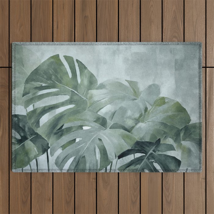 Teal Green Monstera Leaves  Jungle Vibes Outdoor Rug Gallery Image 1