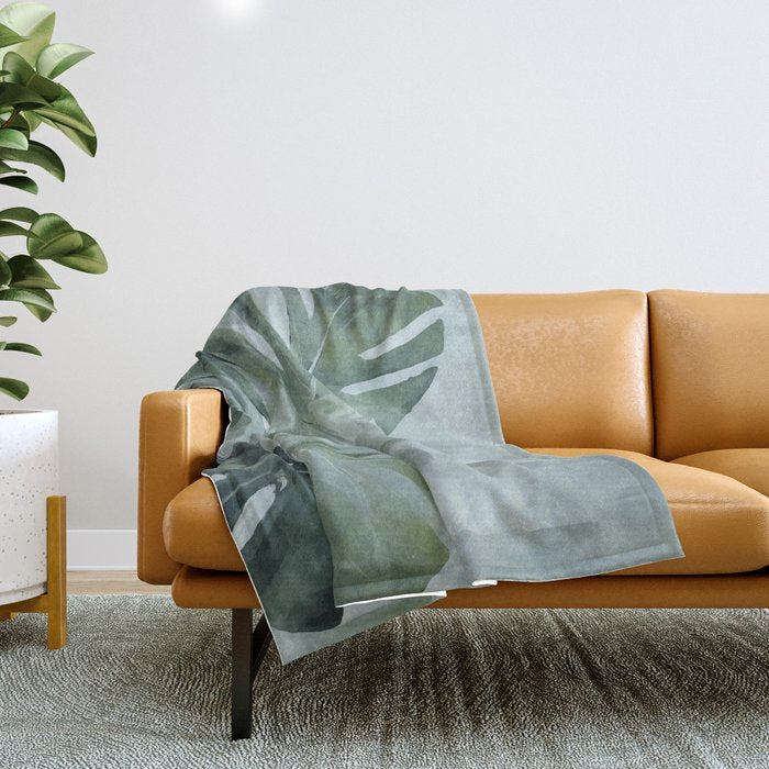 Teal Green Monstera Leaves  Jungle Vibes Throw Blanket Gallery Image 1