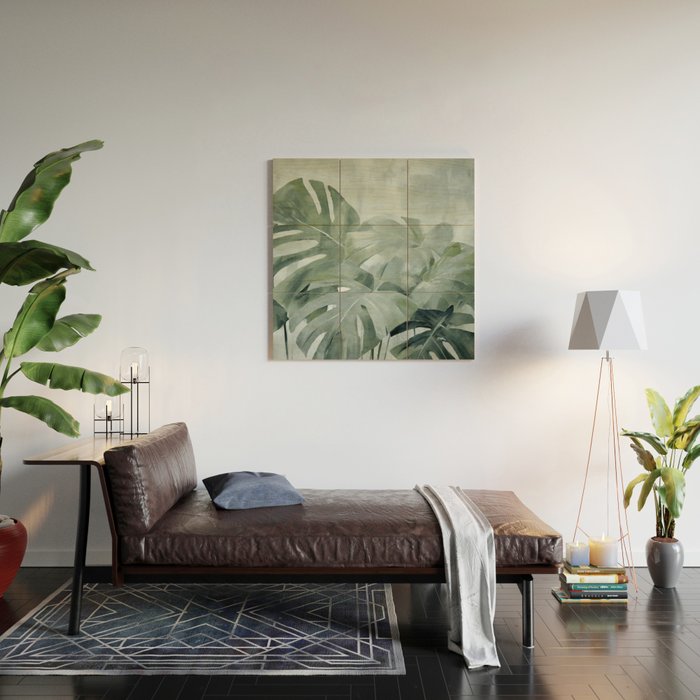 Teal Green Monstera Leaves  Jungle Vibes Wood Wall Art Gallery Image 2