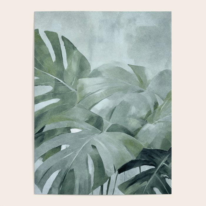 Teal Green Monstera Leaves  Jungle Vibes Poster Gallery Image 1