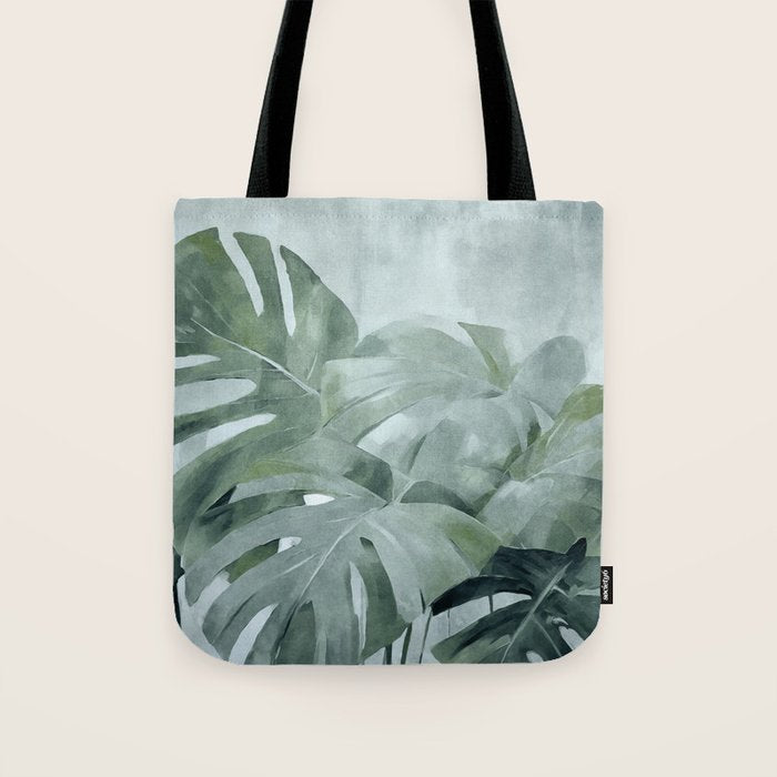 Teal Green Monstera Leaves  Jungle Vibes Tote Bag Gallery Image 1