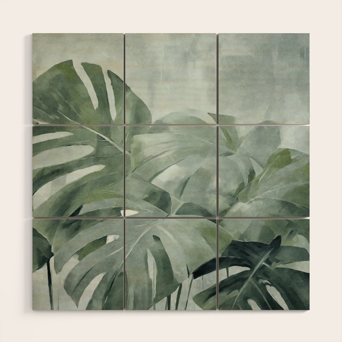 Teal Green Monstera Leaves  Jungle Vibes Wood Wall Art Gallery Image 1