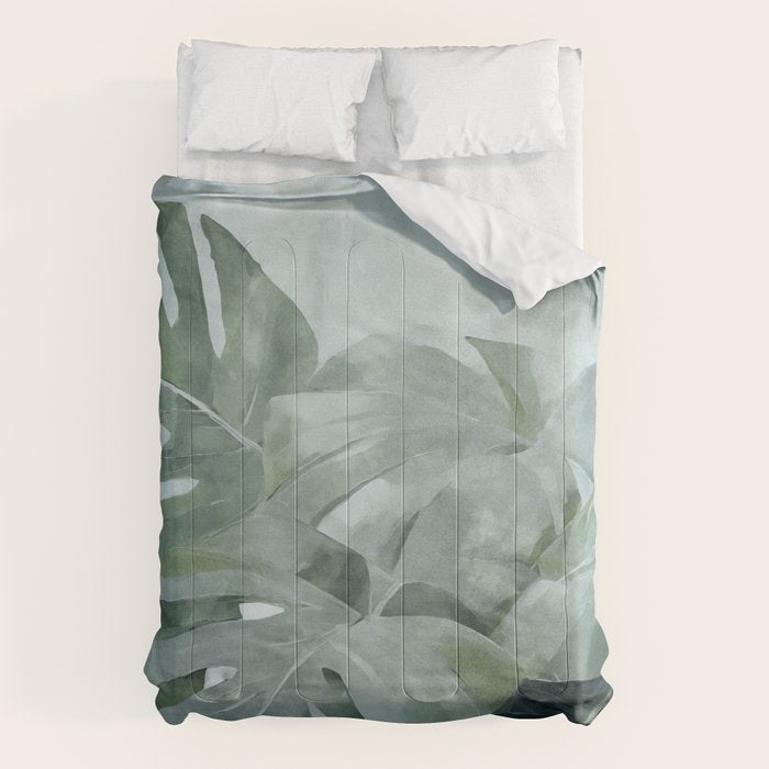 Teal Green Monstera Leaves  Jungle Vibes Comforter Gallery Image 6