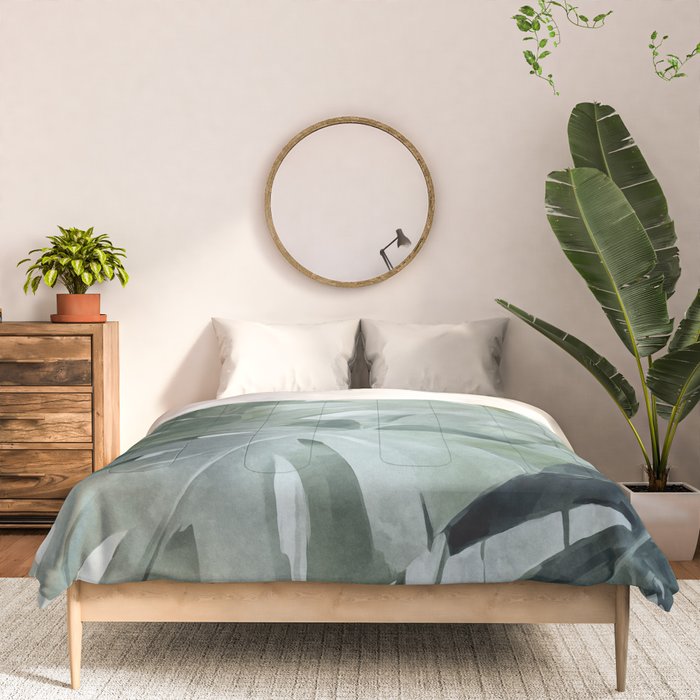 Teal Green Monstera Leaves  Jungle Vibes Comforter Gallery Image 3