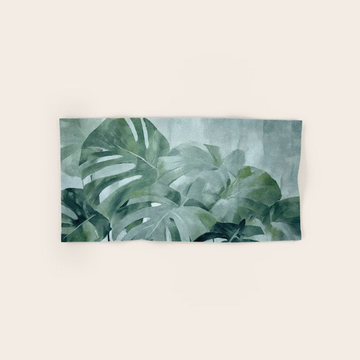 Teal Green Monstera Leaves  Jungle Vibes Bath Towel Gallery Image 1