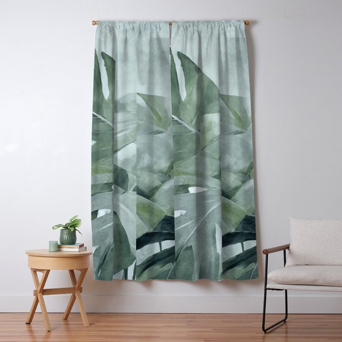 Teal Green Monstera Leaves  Jungle Vibes Window Curtain Gallery Image 5