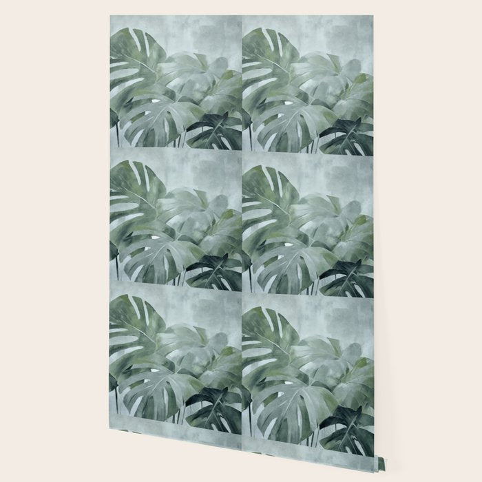 Teal Green Monstera Leaves  Jungle Vibes Wallpaper Gallery Image 2
