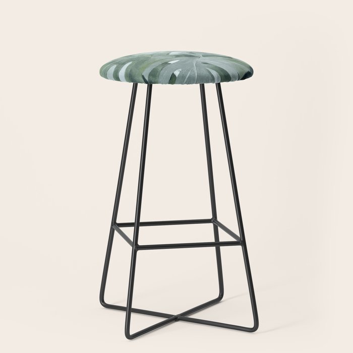 Teal Green Monstera Leaves  Jungle Vibes Stool Gallery Image 1