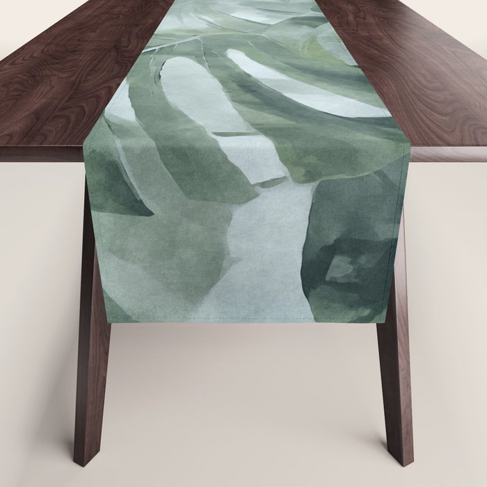 Teal Green Monstera Leaves  Jungle Vibes Table Runner Gallery Image 1