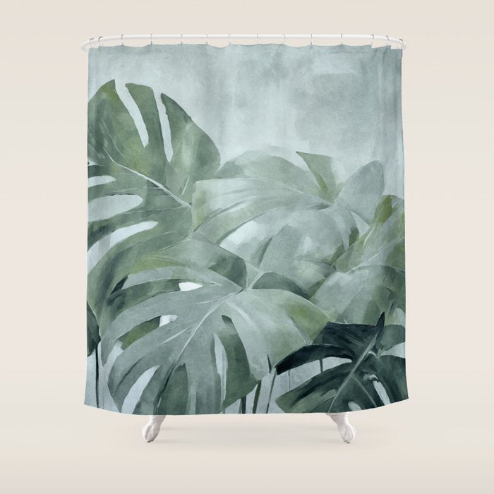 Teal Green Monstera Leaves  Jungle Vibes Shower Curtain Gallery Image 1
