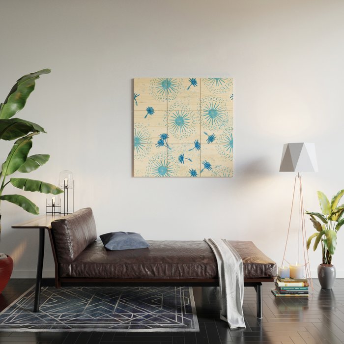 Make A Wish Dandelion Pattern in Sky Blue & Off White Wood Wall Art Gallery Image 2