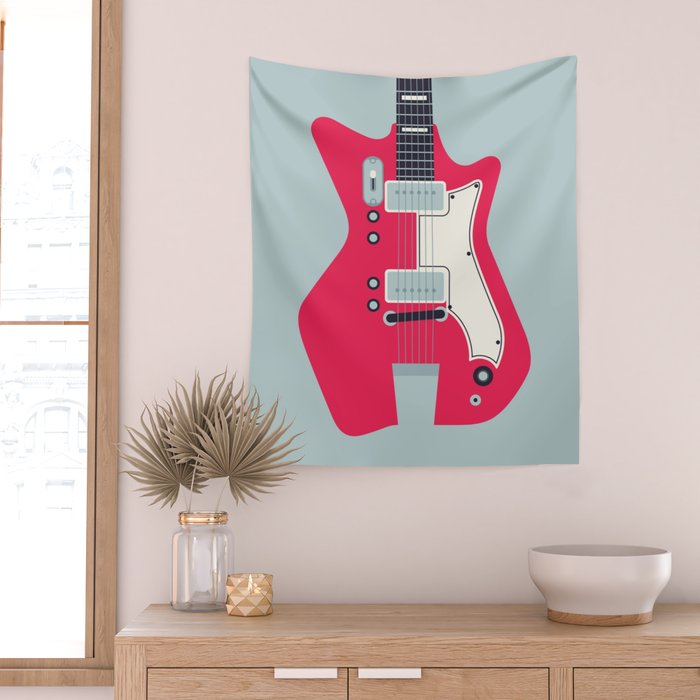 Retro 60s Surf Rock Electric Guitar - Slate Wall Tapestry Gallery Image 2