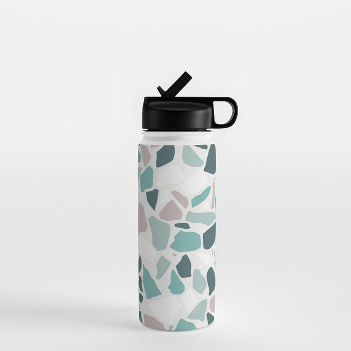 Festive, Terrazzo Mosaic Pattern, Teal, Green, Sage, Dusky Pink Water Bottle Gallery Image 1