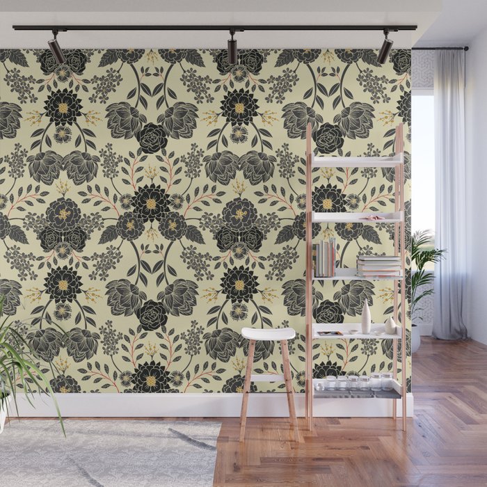 Gray, Black, Cream, Yellow & Red Sophisticated Floral Pattern Wall Mural Gallery Image 1